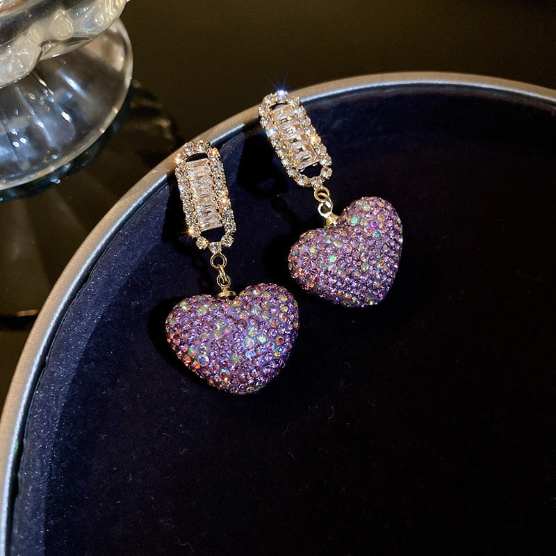 Sweet Purple Love Heart Crystal Dangle Earrings Women Shine Rhinestone Earrings