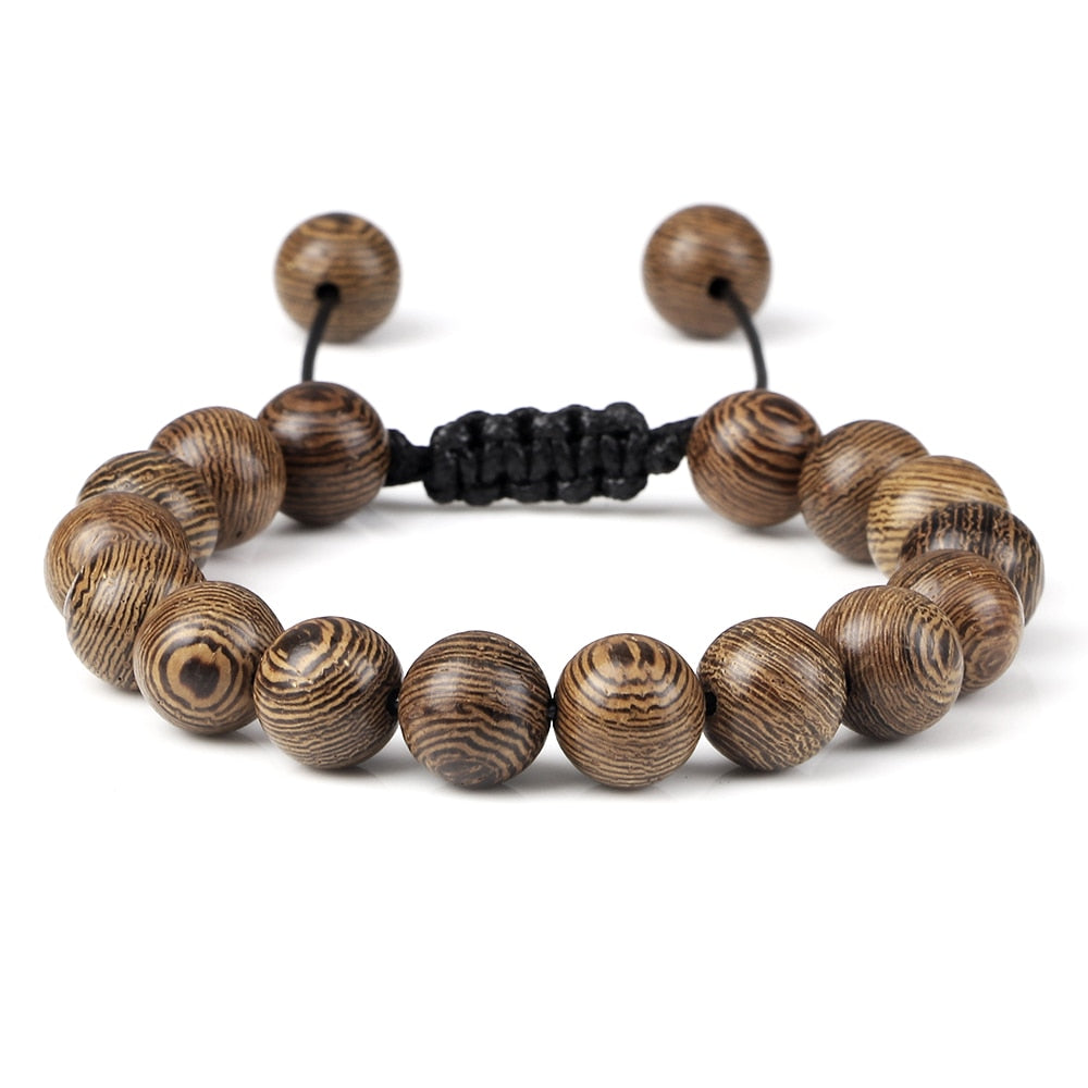 Vintage Men Bracelet 6 8 10 12mm Natural Wood Bead Tibetan Buddha Bracelet