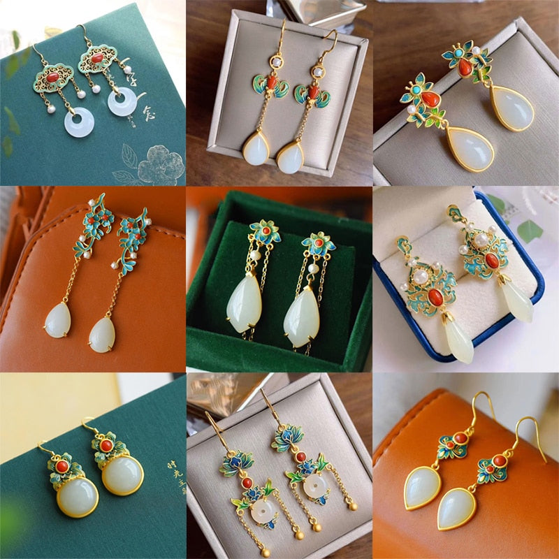 Natural Hetian  jade enamel porcelain Earrings