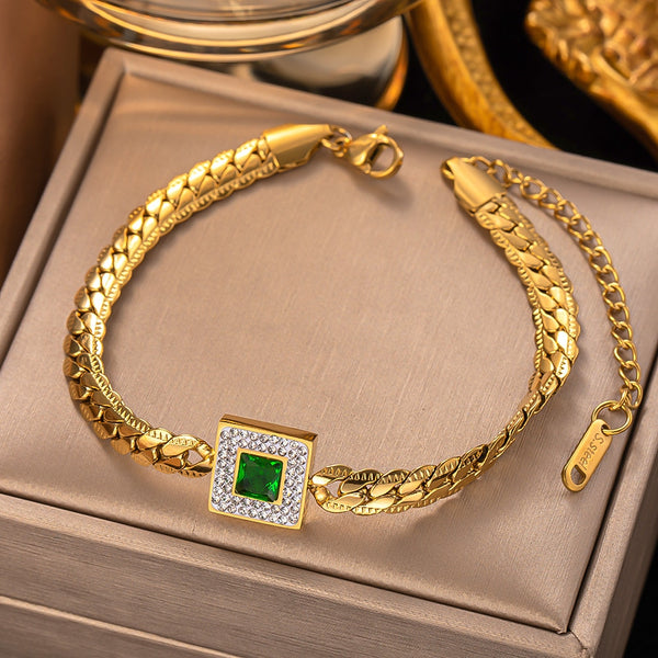 Gold Color Fashion Simple Emerald Zirconia Bangle  Bracelet for Women