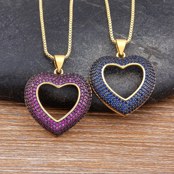 Top Quality 4 Colors Heart-Shaped Hollow Crystal Zircon Pendant Gold Chain Necklace Women