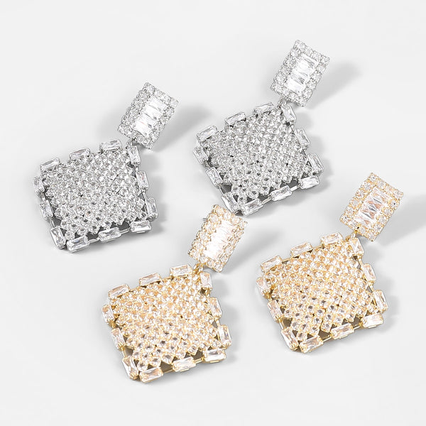 Fashion Metal Rhinestone Square Geometric Earrings Women