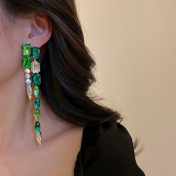 New Bohemia Emerald Tassel Drop Dangle Earrings High Quality Fine Rhinestones Dangle Earrings