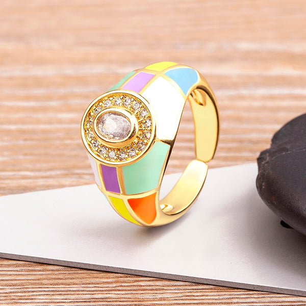 Charming Zircon Grid Stripe Oil Dripping Creative Retro Ring