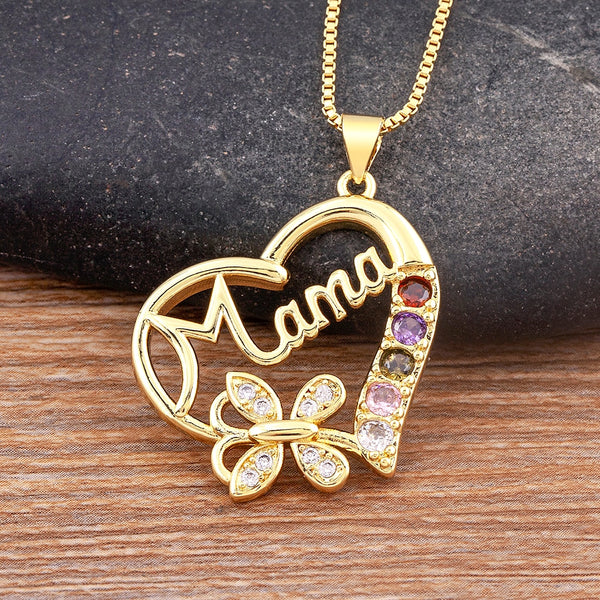 Light Luxury Zircon Heart-Shaped Inlaid Lucky Butterfly Crystal Pendant Mama Letter Necklace