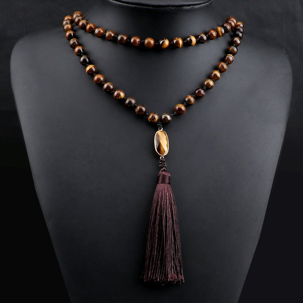 Vintage Tiger Eye Stone Lucky Pendant Necklaces Men Handmade Knotted 8mm 108 Mala Beads Necklace