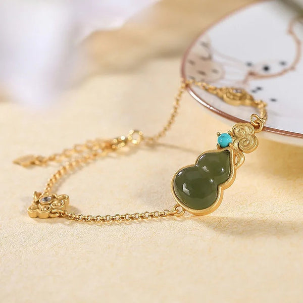 New inlaid natural Hetian green chalcedony gourd bracelet