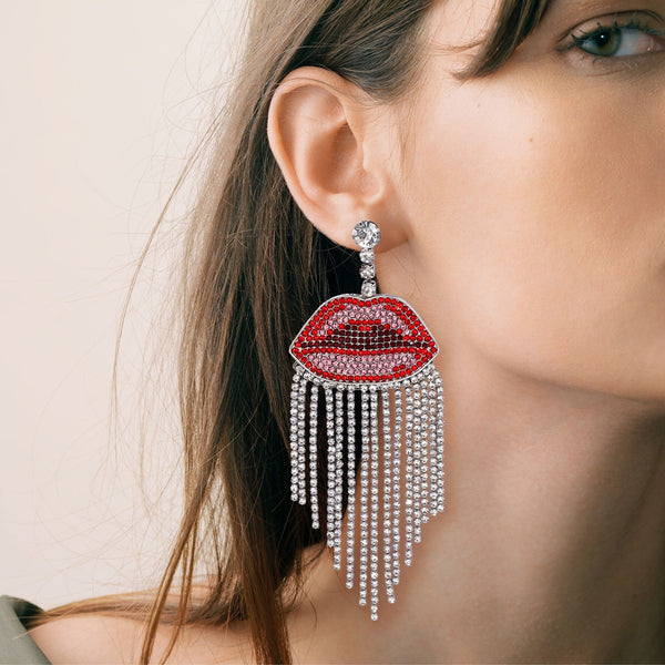 ZA Luxury Sexy Rhinestone Red Lip Tassel Dangle Bohemian Earrings For Women