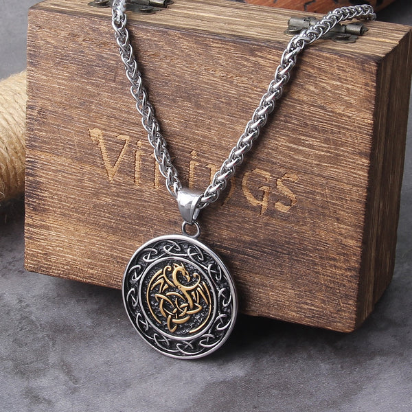 Vintage Vikings Dragon Necklaces Men Gold Color Stainless Steel Norse Rune Valknut Pendant