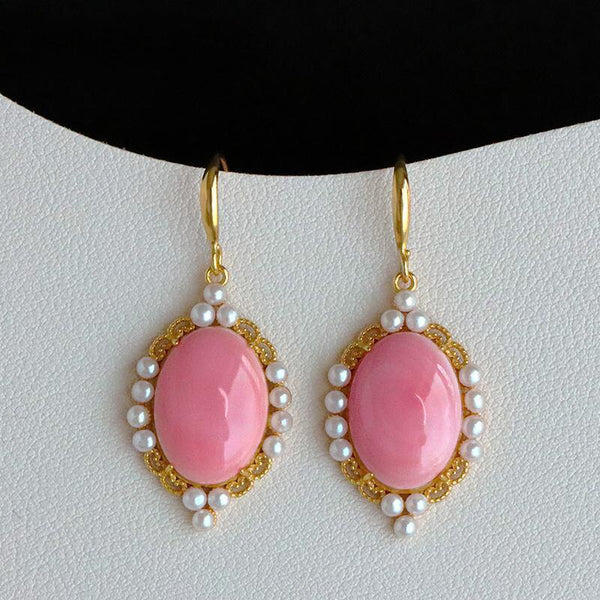 Original design inlaid pink artificial mother-of-pearl long earrings