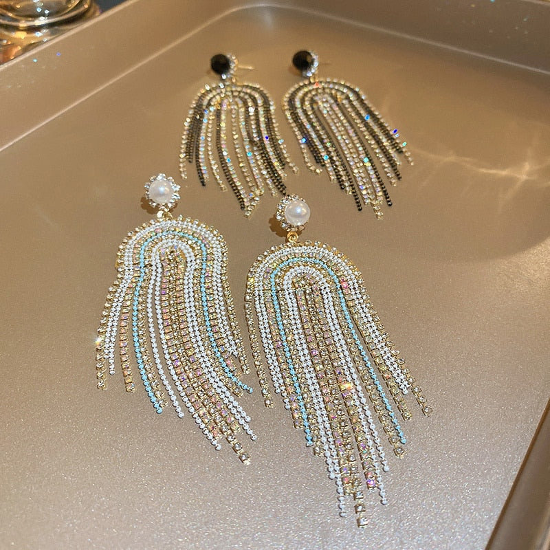 Long Tassel Drop Earrings for Women White Black Rhinestone Dangle Earrings