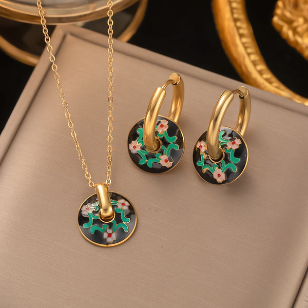 Romantic colorful enamel round Gold ear buckle  necklace jewelry set