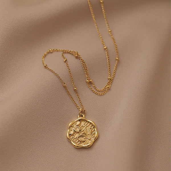 316L Stainless Steel Gold Color Round Relief Flowers Pendant Necklace For Women