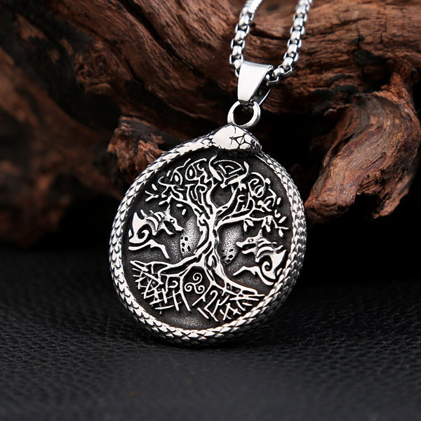 Vintage Norse Viking Wolf Head Tree of Life Pendant Necklaces