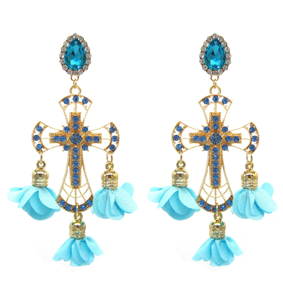 Statement Alloy Long Pendant Rhinestones Tassel Flower Earrings For Women