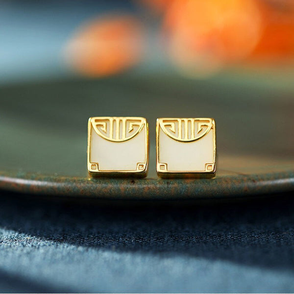 Silver ancient gold craftsmanship inlaid natural Hetian jade square earrings