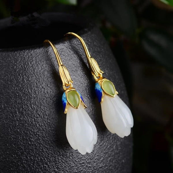 Natural Hetian jade orchid earrings for women