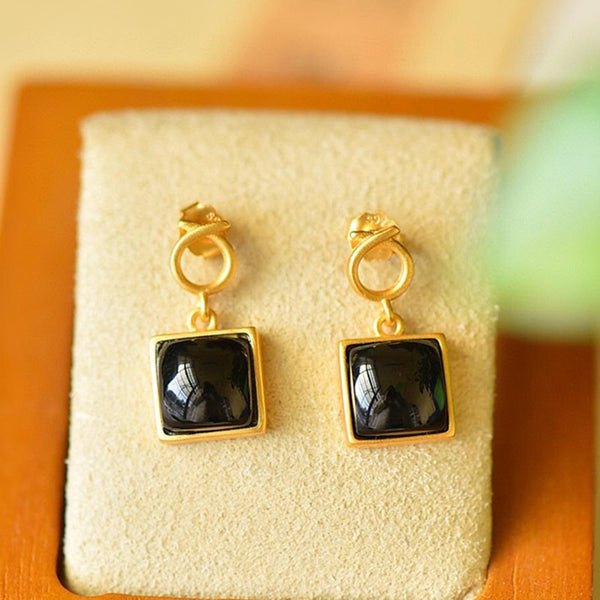 Original Design Inlaid Black Chalcedony Geometric Square Short Earrings