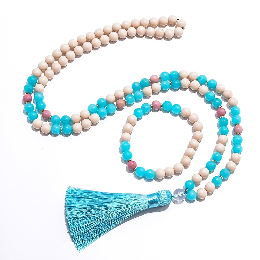 8mm White Fossil Aquamarine Beads108 Mala Necklace Bracelet Japamala Set