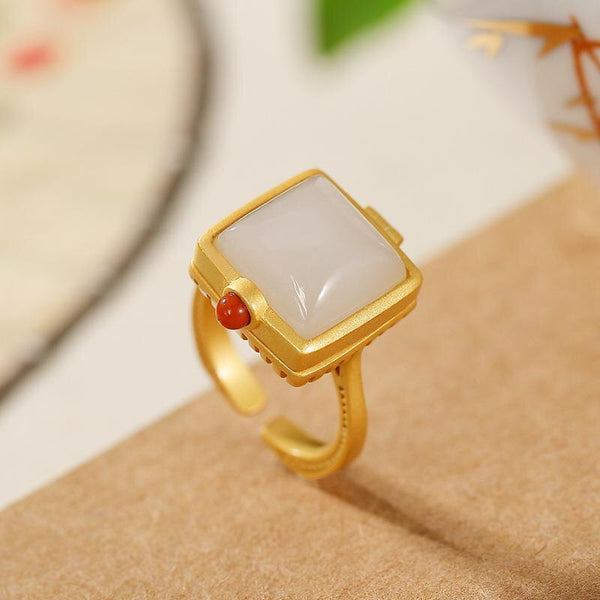 Natural Hetian Jade Geometric Square South Red Tourmaline Simple Open Adjustable Ring