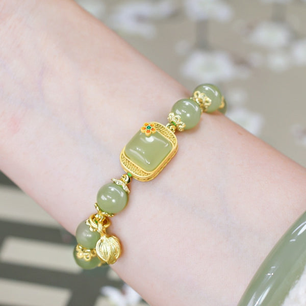 Fresh lotus square natural Hetian jade bangles beaded bracelet for women