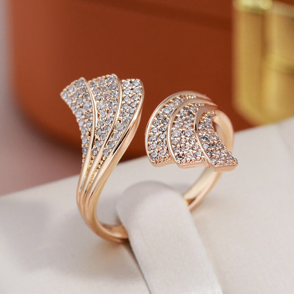 Luxury Fan Shape Full Zircon 585 Gold Color Open Rings Women