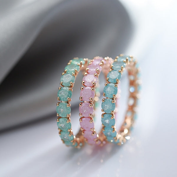 Snowflake Texture Blue Green Pink Zircon Full Inlay Statement Rings