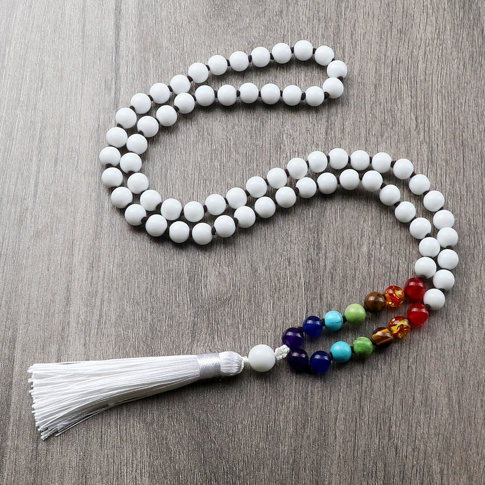 Women Bright White Color Beads Chakra Stretch Necklace