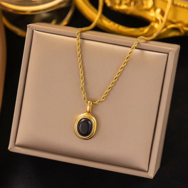 316L Stainless Steel Oval Black stone Pendant Necklace for women