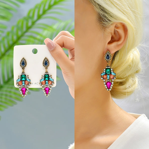 Bohemian Vintage Colorful Sparkly Crystal Dangle Drop Earrings For Women