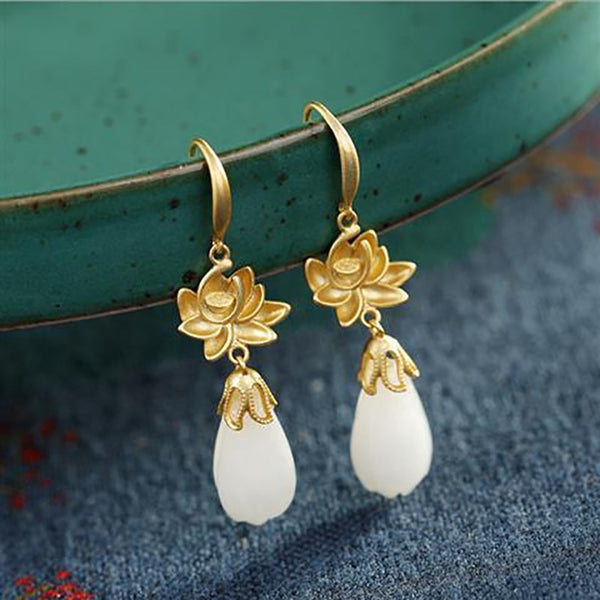 Natural Hetian  Jade Plum Blossom Magnolia Earrings