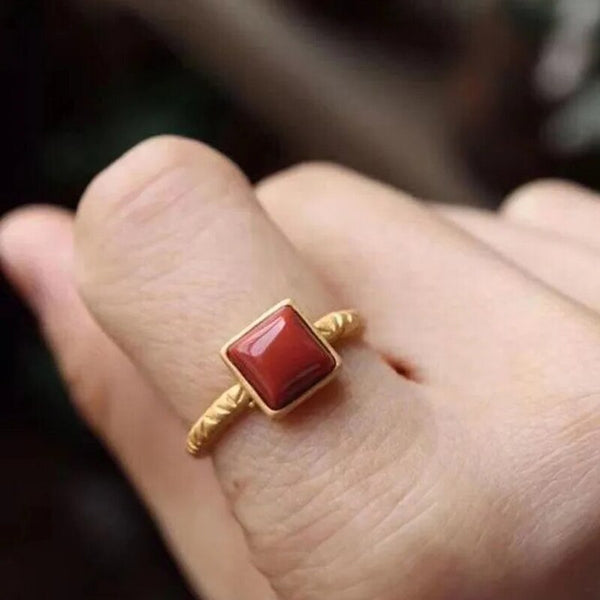 Classic Design Inlaid Natural Southern Red Tourmaline Square Adjustable Ring