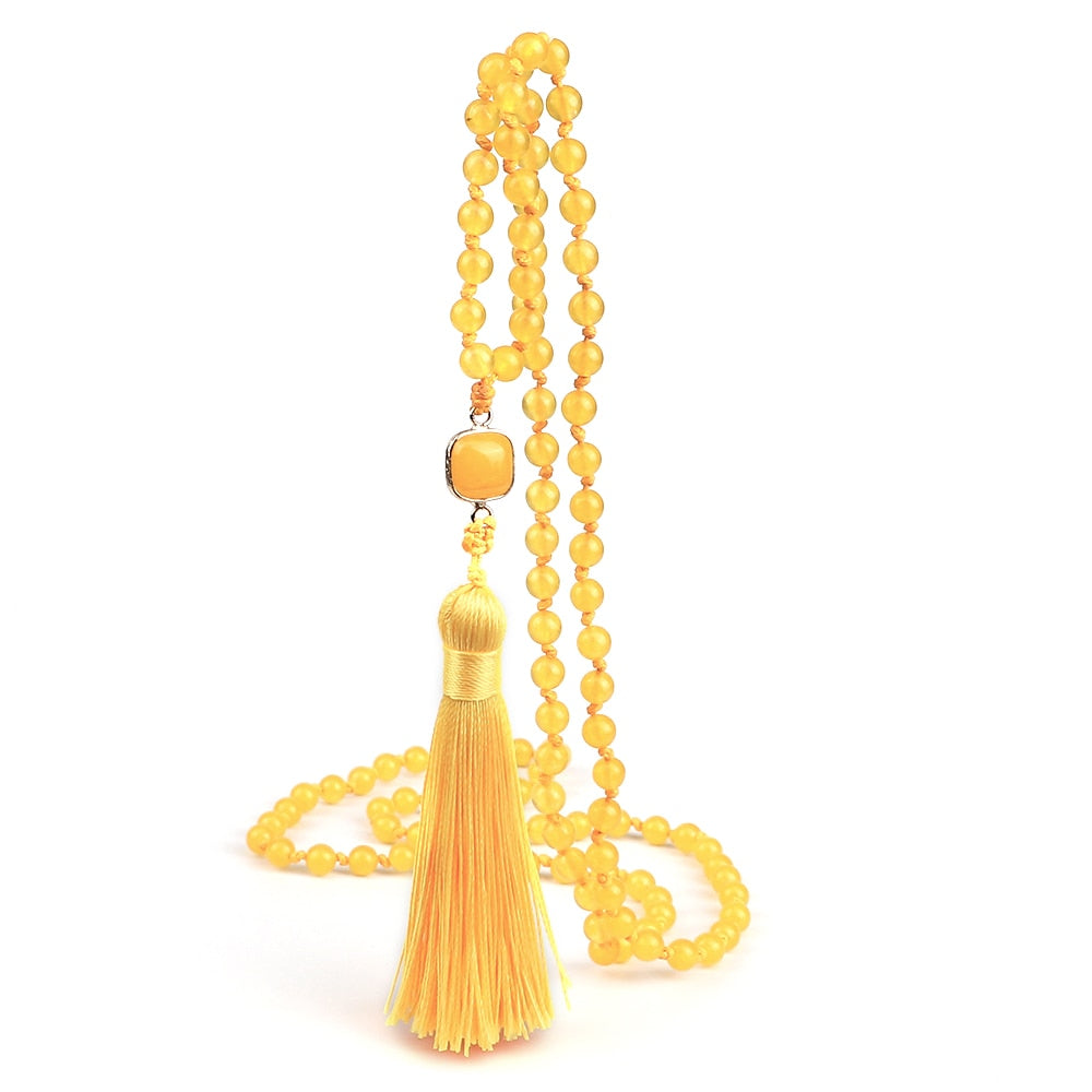 Fashion 108 Mala Natural Yellow Chalcedony Beads Necklaces For Women