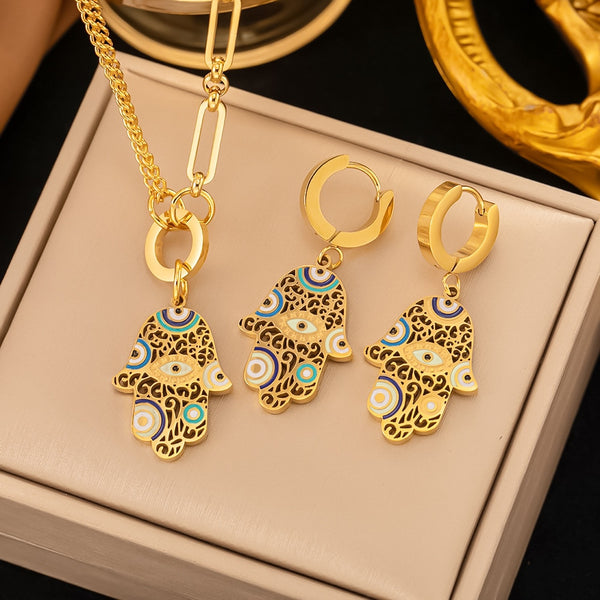 Gold Color Luxury Jewelry Set Personality Punk Turkey Blue Wvil Eye Necklace Earrings