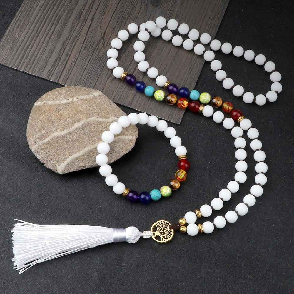 Luckly 7 Chakra Beaded Necklaces &amp; Bracelets 8mm Matte Black Onyx Stone Necklace Japamala Sets