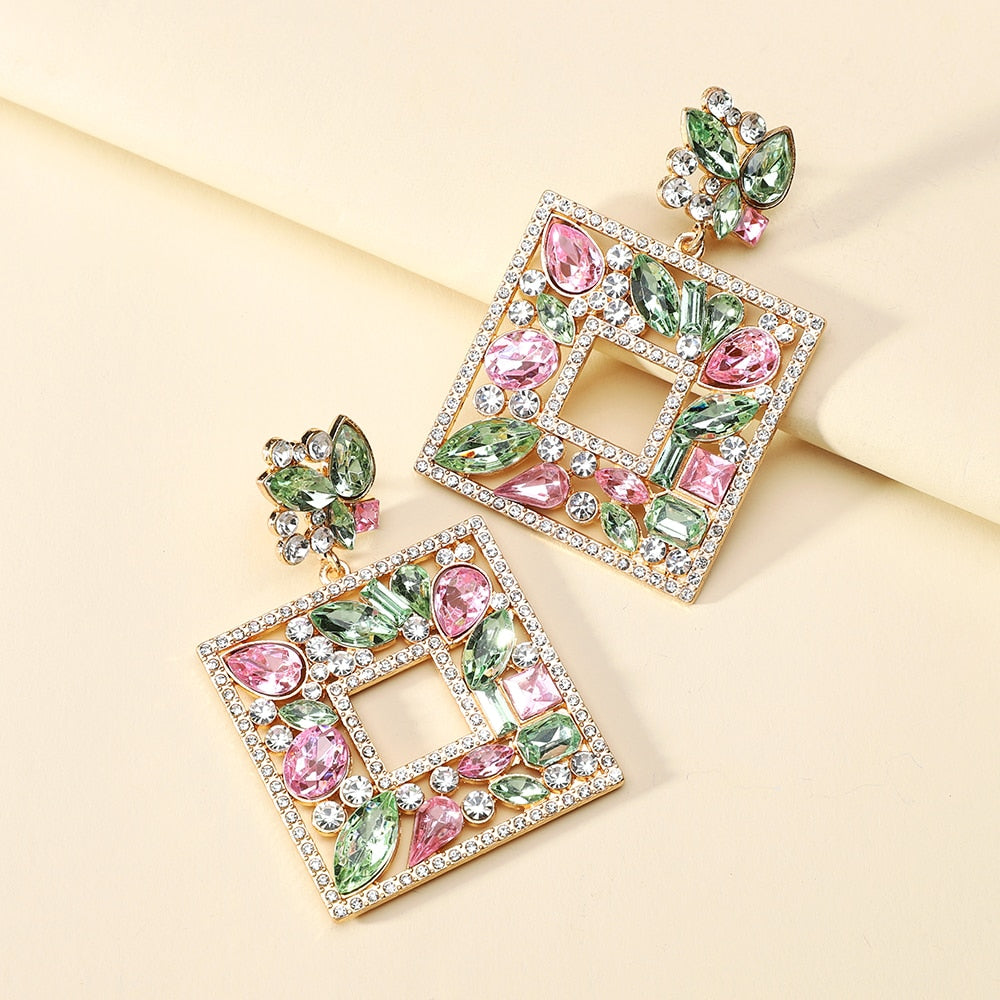 New Square Colorful Crystal Big Dangle Drop Earrings For Women