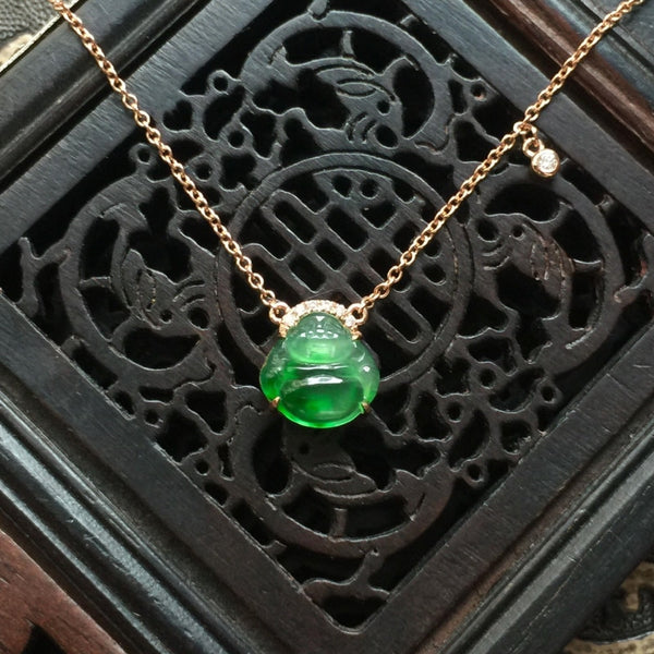 Classic Silver Inlaid Natural Hetian Jade Laughing Buddha Pendant Necklace