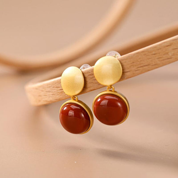 original new ancient gold inlaid round chalcedony retro Drop Earrings