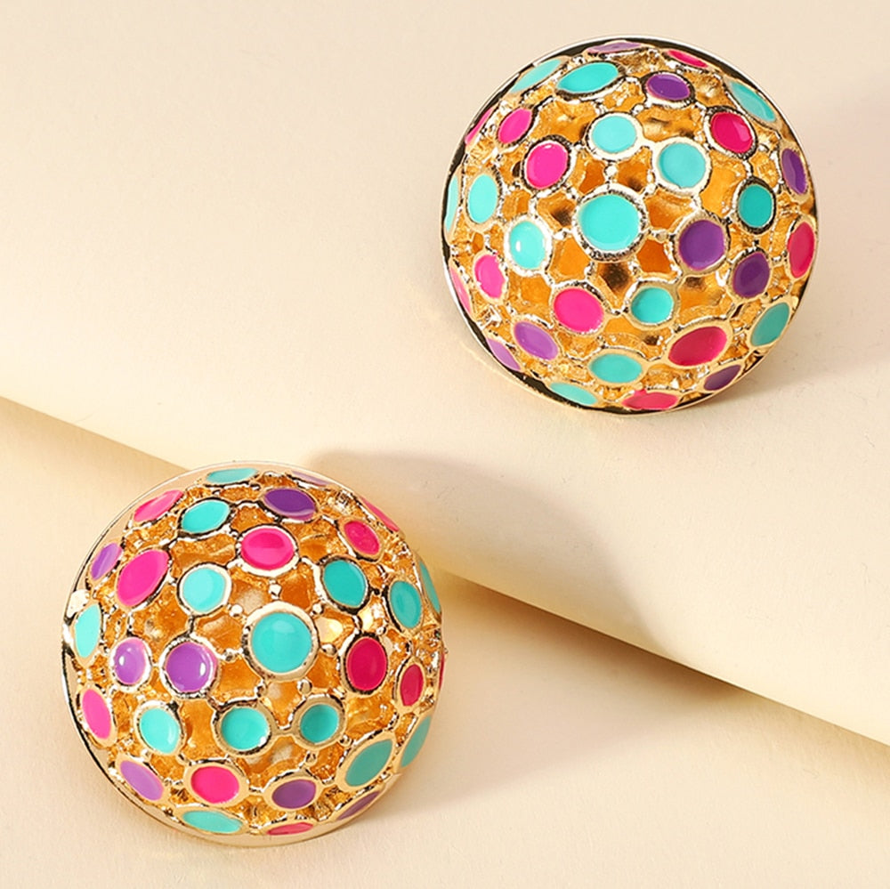 Bohemian Round Enamel Metal Stud Earrings For Women