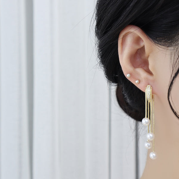 Beautiful Pearl Tassel Earrings Korean Style Micro Pave Zirconia Long Earings