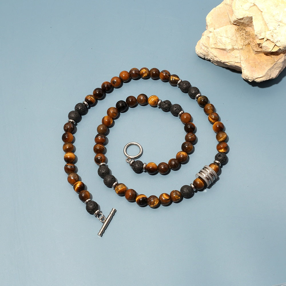 8mm Men&#39;s Unique Natural Tiger Eyes Stone Lava Bead Choker Necklace