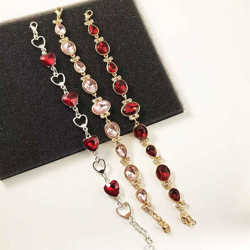 New Fashion Retro Luxury Bracelets Imitated Ruby Red Heart-shaped Crystal Bracelets