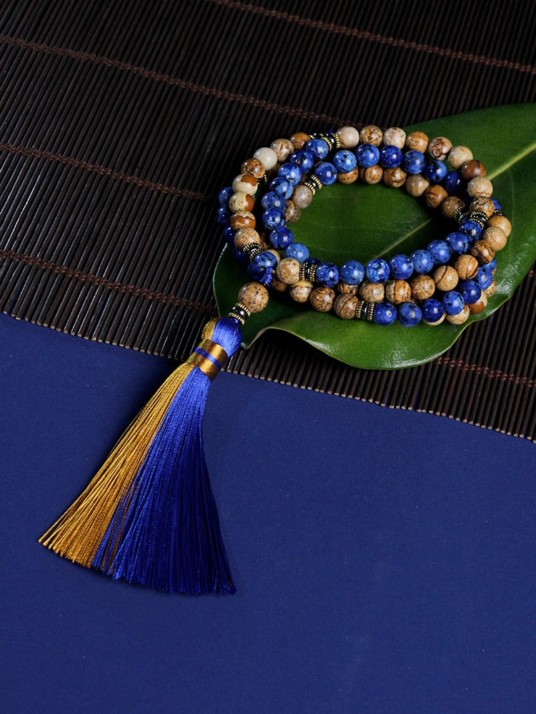 Mala rosary beads,stone necklace 8mm Blue lapis lazuli Beads and picture