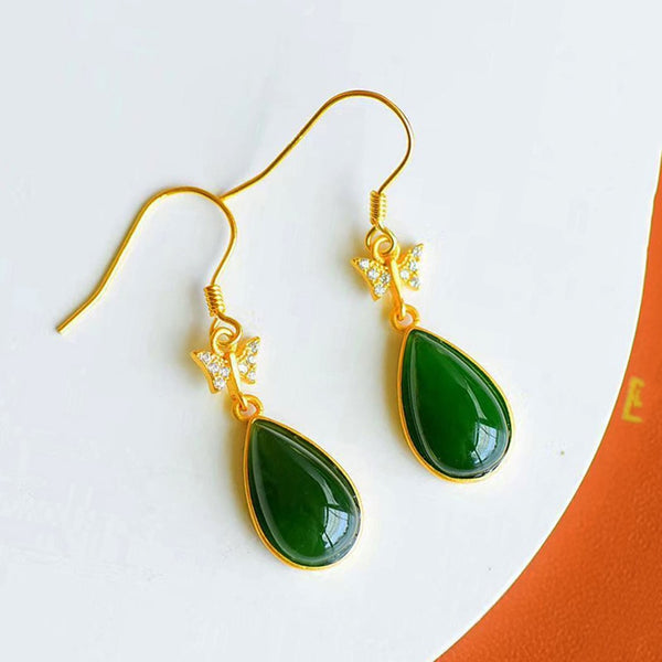 gold craftsmanship natural Hetian jade drop-shaped butterfly diamond earrings