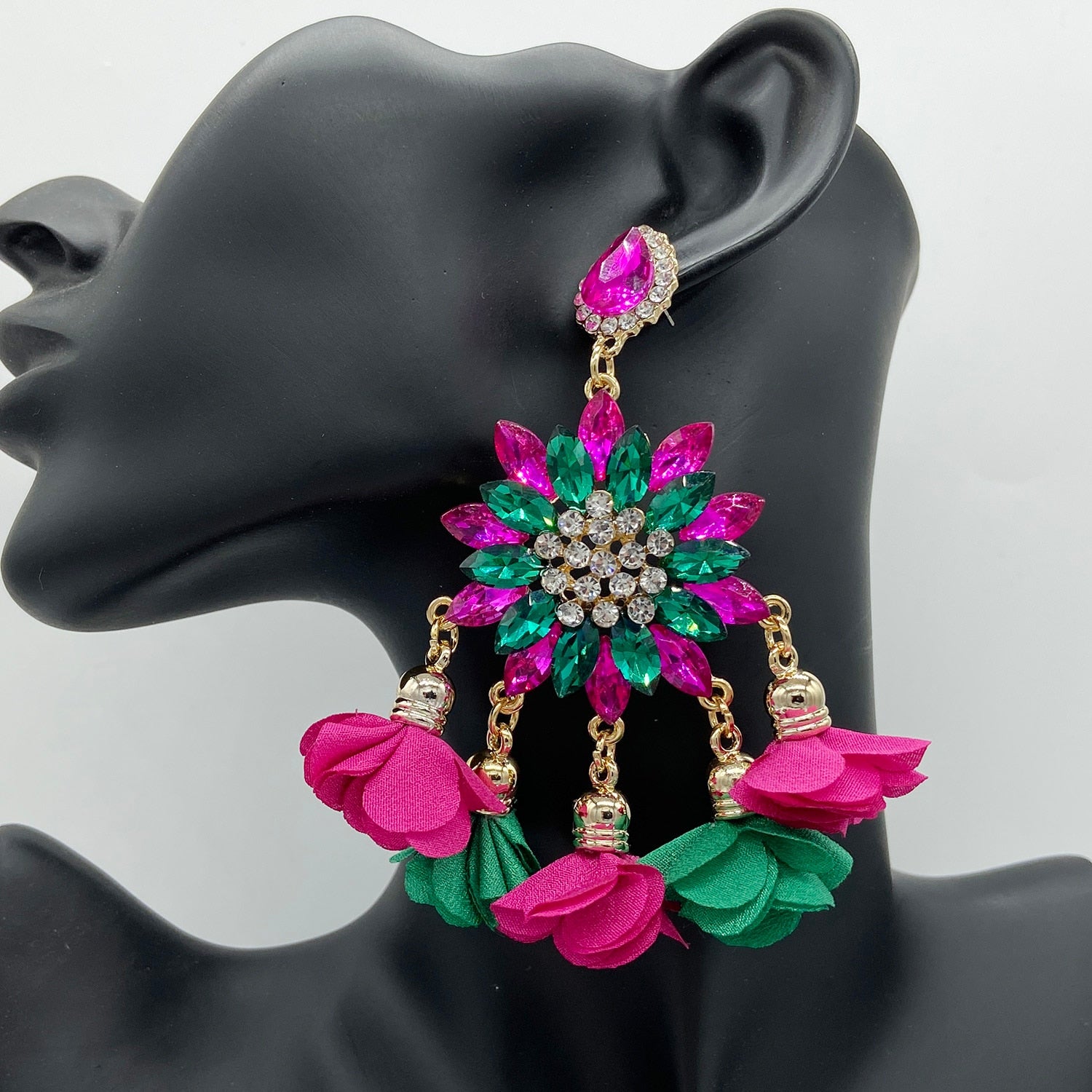 Multicolor Drop Earrings For Women Luxury Rhinestones Crystal Dangle Tassel Flower Big Earrings