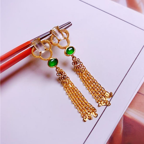 Creative natural Hetian chalcedony fringe long ladies earrings