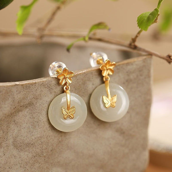 gold craftsmanship inlaid natural Hetian jade butterfly dance flower earrings