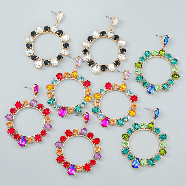 Fashion Metal Round Rhinestone Geometric Earrings for Women