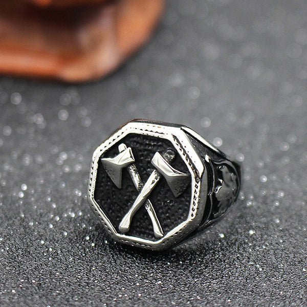 Vintage Viking Warrior Cross Double Axe Ring For Men