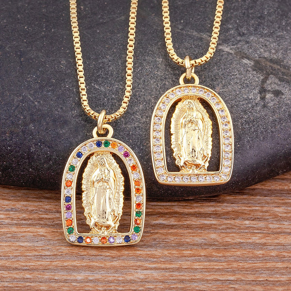 High Quality Zircon Rainbow Crystal Inlaid Virgin Mary Pendant Gold Plated Necklace